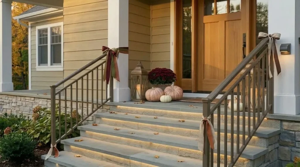 22 Fall Front Porch Steps, Railing and Uncovered Porch Ideas 13 Tie ribbon where the railing already has natural breaks
