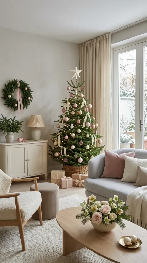42 Christmas Living Room Decor Ideas for a Cosy, Magical and Beautifully Festive Home 9 Try Blush Pink and Champagne for a Softer Festive Look