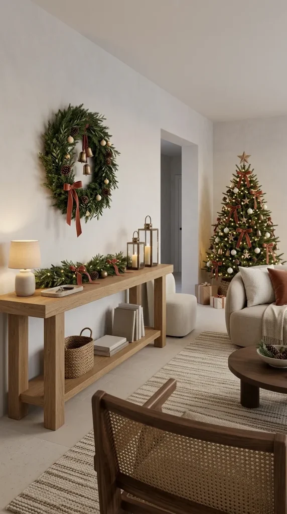 42 Christmas Living Room Decor Ideas for a Cosy, Magical and Beautifully Festive Home 20 Turn a Console Table Into a Christmas Mantel Alternative