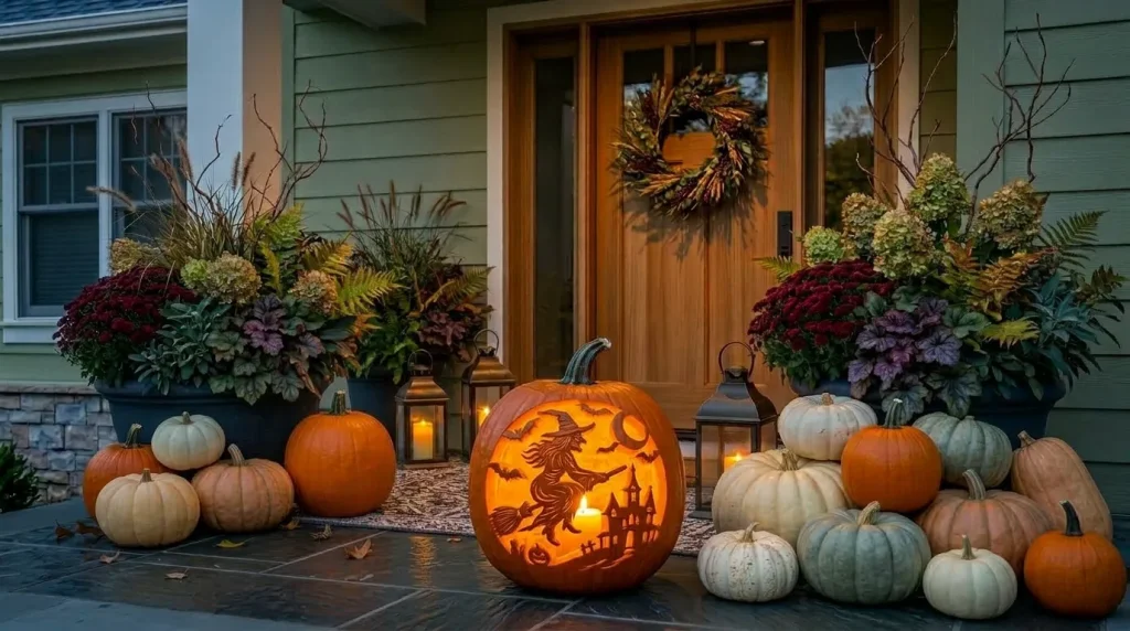 24 Fall Front Porch Ideas That Work for Halloween and Thanksgiving 7 Turn one pumpkin into the Halloween feature