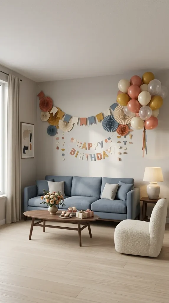 40 Birthday Living Room Decor Ideas for Beautiful At-Home Celebrations 2 Turn the Sofa Wall Into the Main Birthday Backdrop