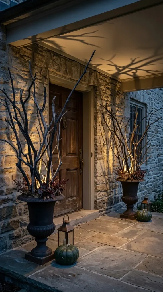 40 Front Porch Halloween Ideas for a Spooky, Stylish and Unforgettable Entrance 7 Use Bare Branches and Shadows for a Quieter Scare