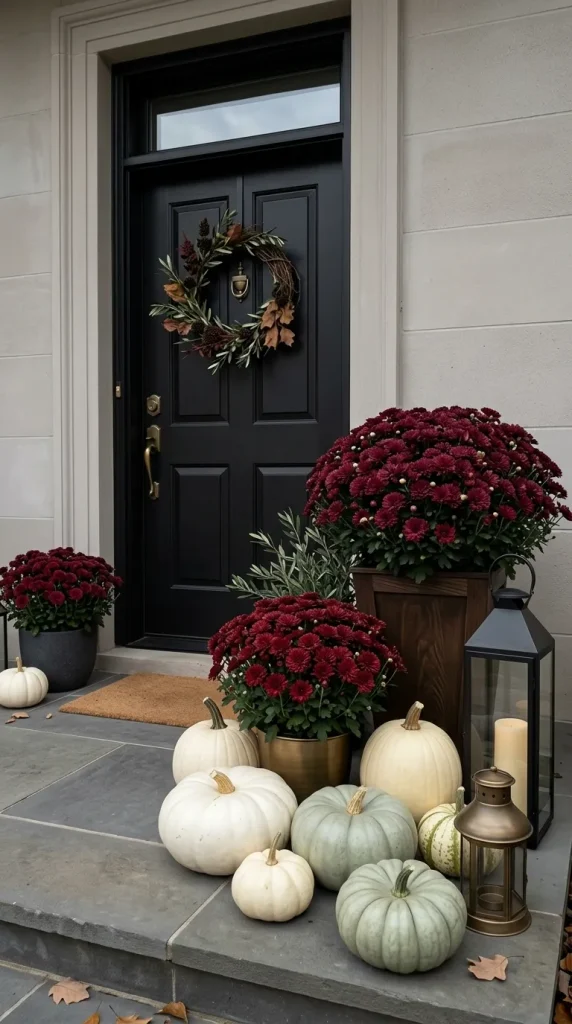 Use Burgundy or Dark Red Mums With White Pumpkins