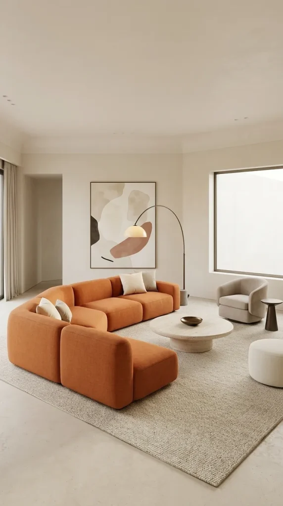 Use Curved Furniture Around a Modular Orange Sofa