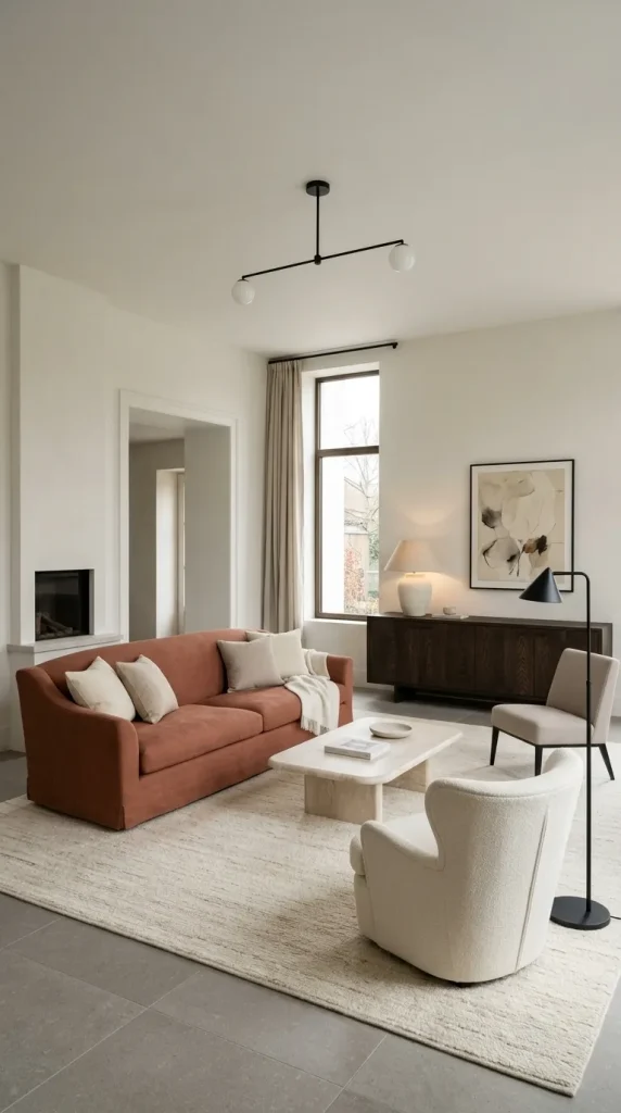 Use Dark Wood to Ground a Terracotta Sofa