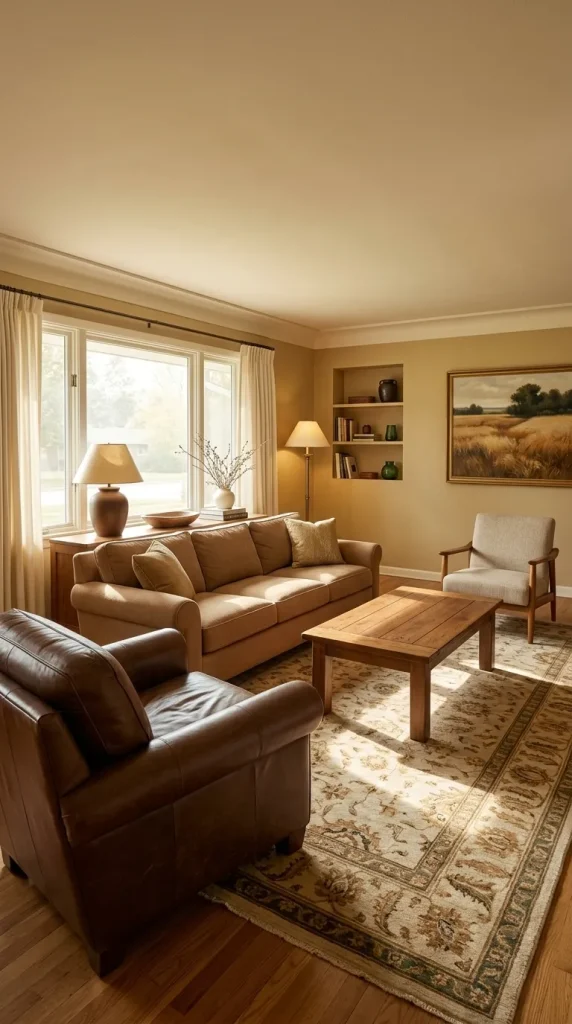 35 1990s Living Room Decor Ideas to Bring Back That Cosy, Nostalgic Feeling 14 Use Earthy Brown, Tan and Muted Gold for a Warmer Palette