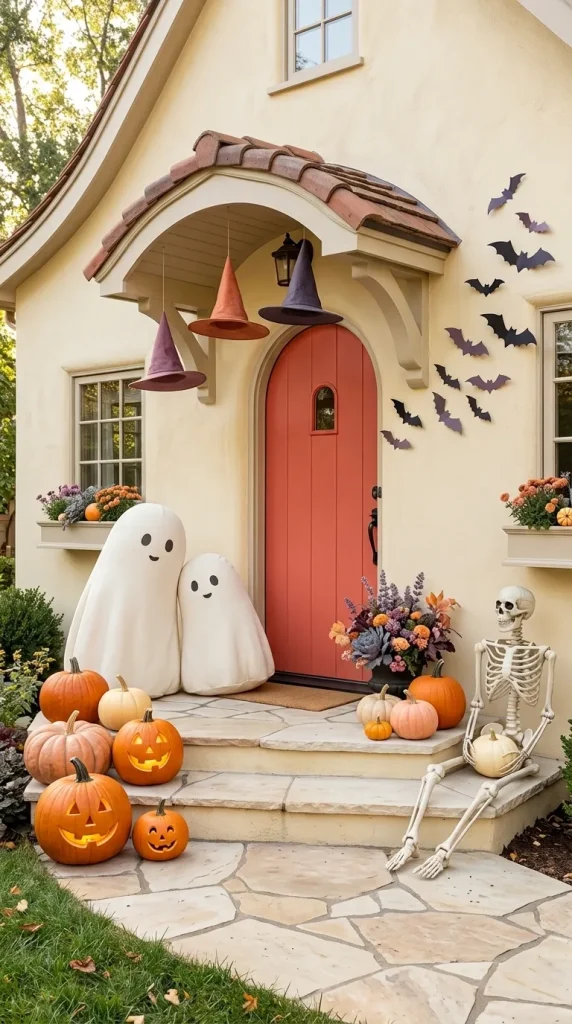 40 Front Porch Halloween Ideas for a Spooky, Stylish and Unforgettable Entrance 34 Use Friendly Ghosts, Smiling Pumpkins, and Playful Movement