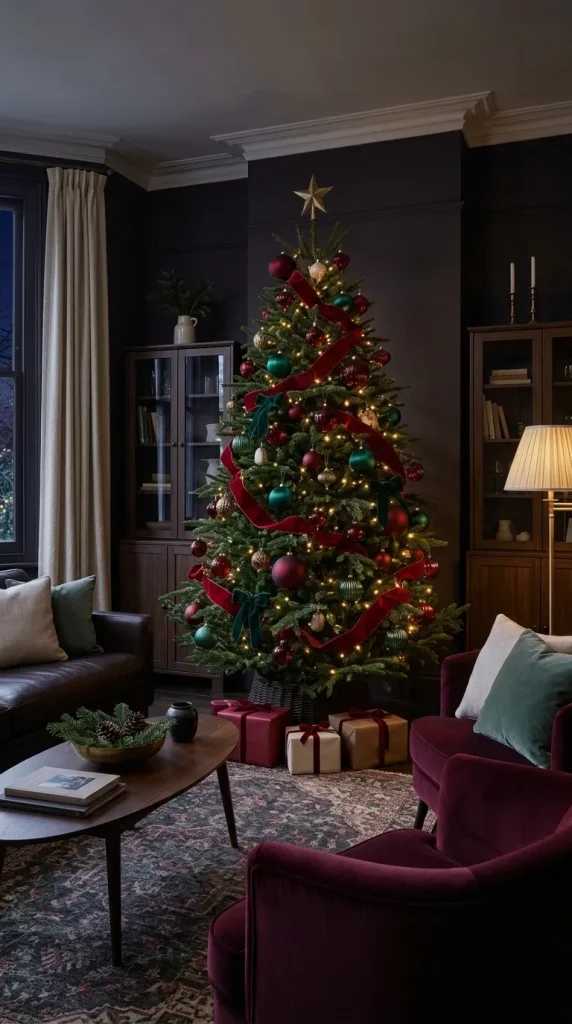 42 Christmas Living Room Decor Ideas for a Cosy, Magical and Beautifully Festive Home 10 Use Jewel Tones for a Dramatic Christmas Living Room