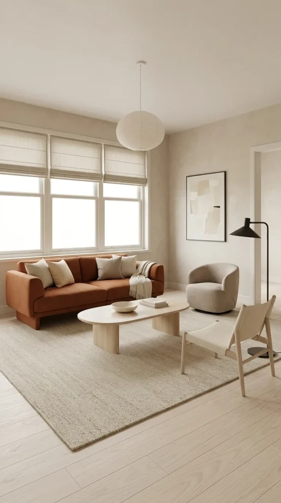 Use Pale Beige for a Relaxed Orange Sofa Room