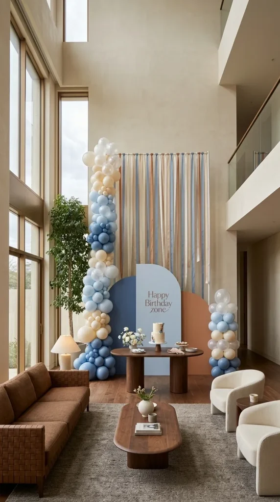 40 Birthday Living Room Decor Ideas for Beautiful At-Home Celebrations 8 Use Vertical Decorations in a High-Ceiling Living Room