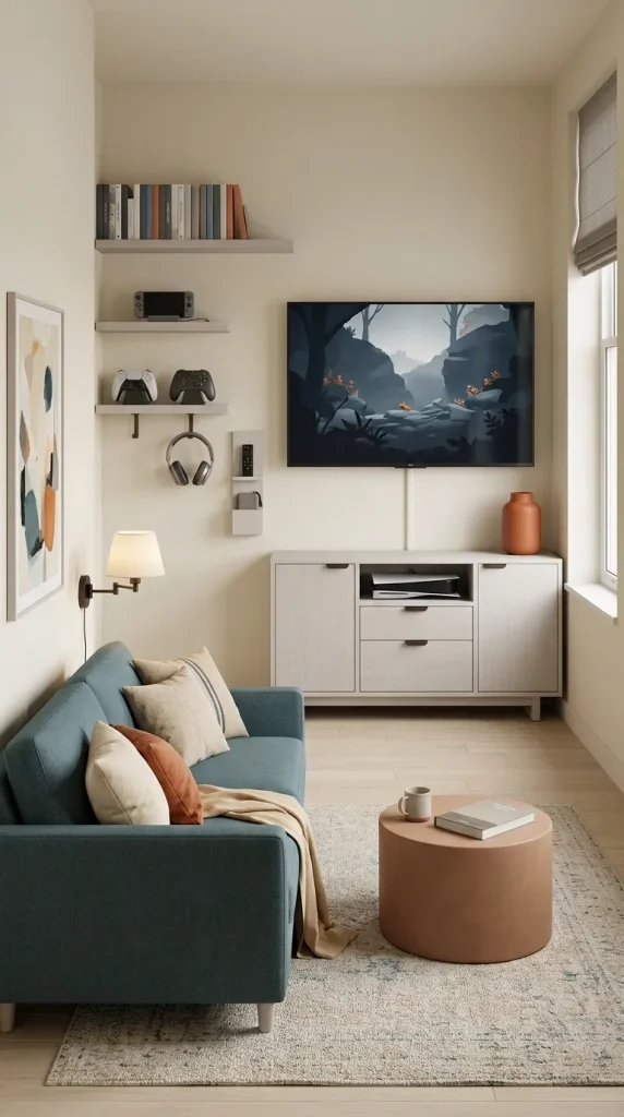 35 Gaming Living Room Ideas That Make Your Setup Stylish, Cosy and Seriously Fun 20 Use Vertical Storage for Controllers, Games and Accessories