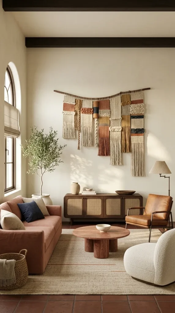 Use Woven or Fiber Art in a Bohemian Living Room