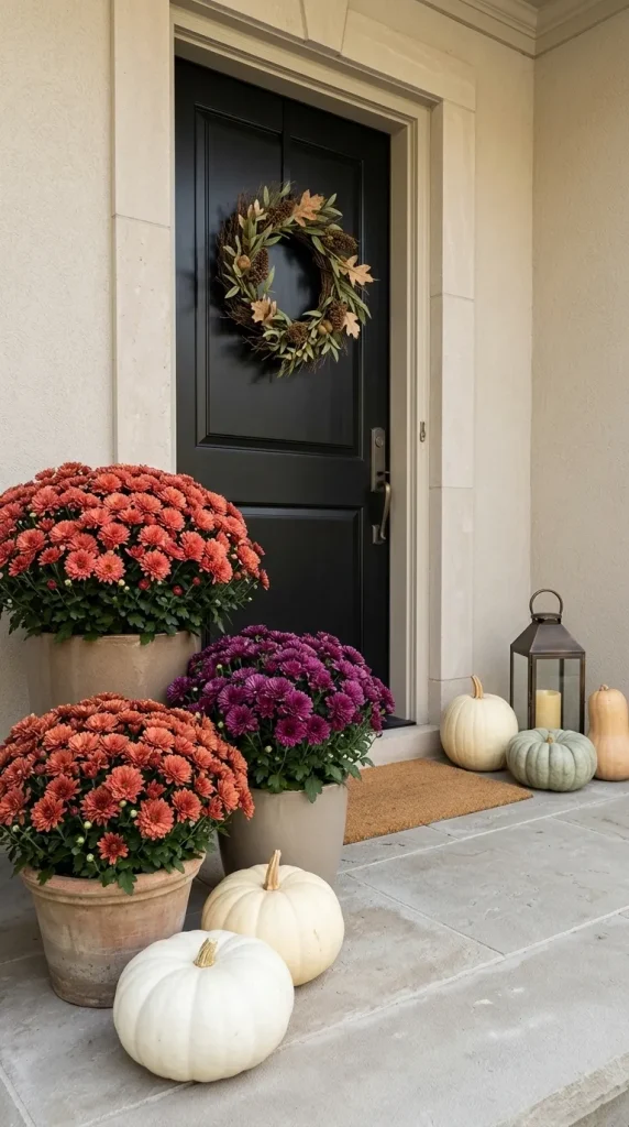 Use a Black Front Door as the Visual Anchor for Saturated Mums