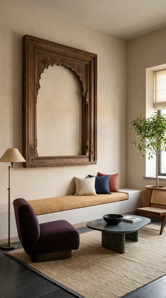 Use a Carved Jharokha or Decorative Iron Panel as One Focal Object