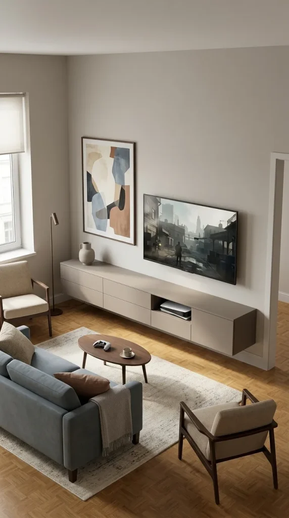 35 Gaming Living Room Ideas That Make Your Setup Stylish, Cosy and Seriously Fun 9 Use a Floating Media Cabinet for a Modern Console Setup
