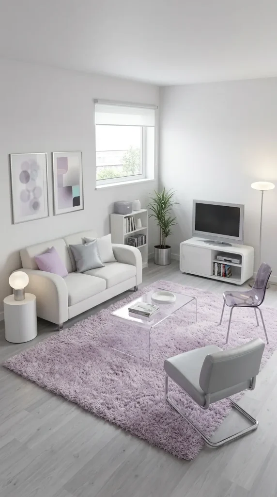 40 Living Room Decor Ideas for a Nostalgic 2000s and Y2K Aesthetic 36 Use a Shag Rug to Soften Futuristic Furniture
