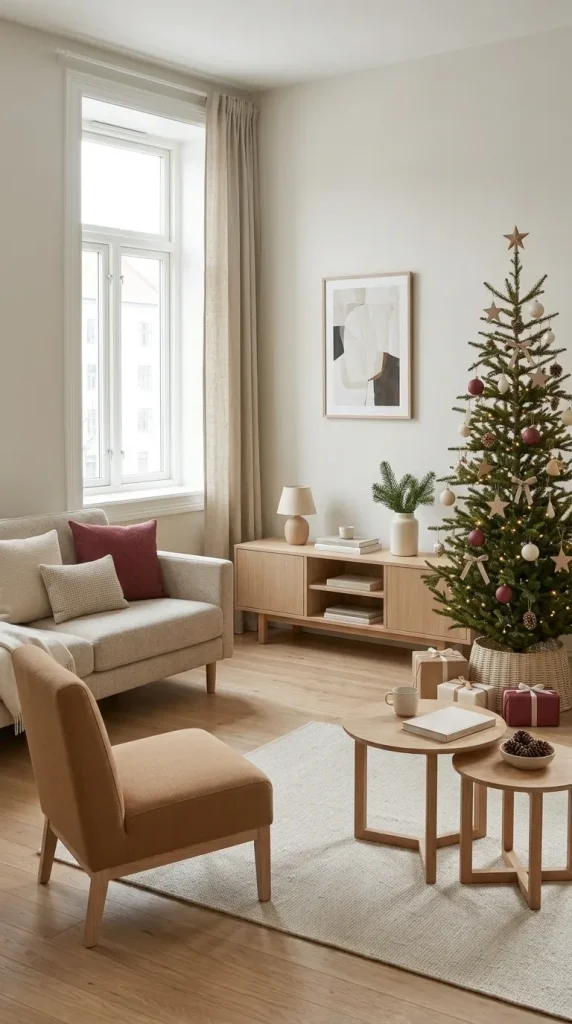 42 Christmas Living Room Decor Ideas for a Cosy, Magical and Beautifully Festive Home 14 Use a Slim Christmas Tree in a Small Apartment