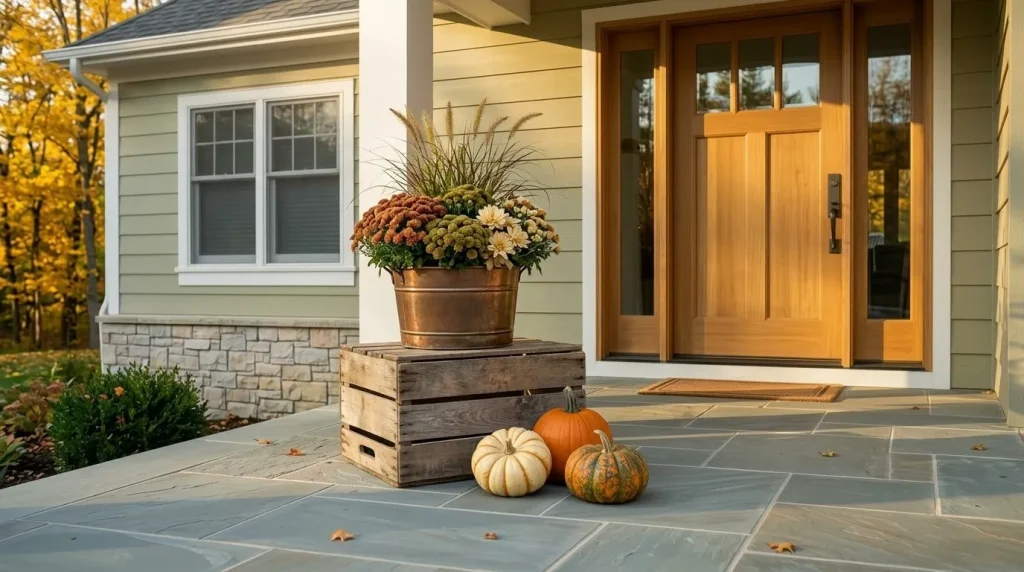 22 Fall Front Porch Steps, Railing and Uncovered Porch Ideas 17 Use a crate or low stand as a controlled riser