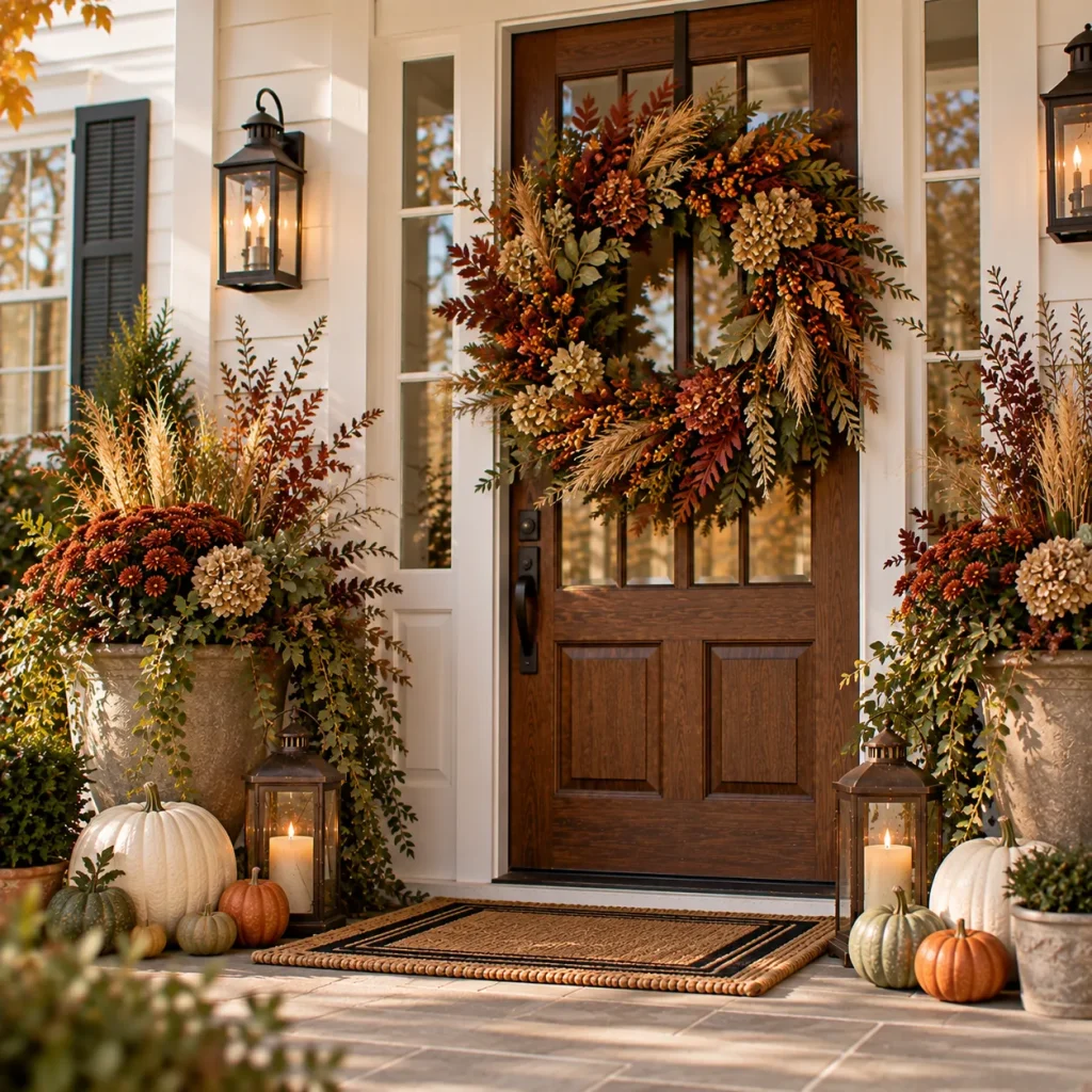 24 Fall Front Porch Ideas by Door and House Color 7 Use a larger wreath because white creates strong contrast