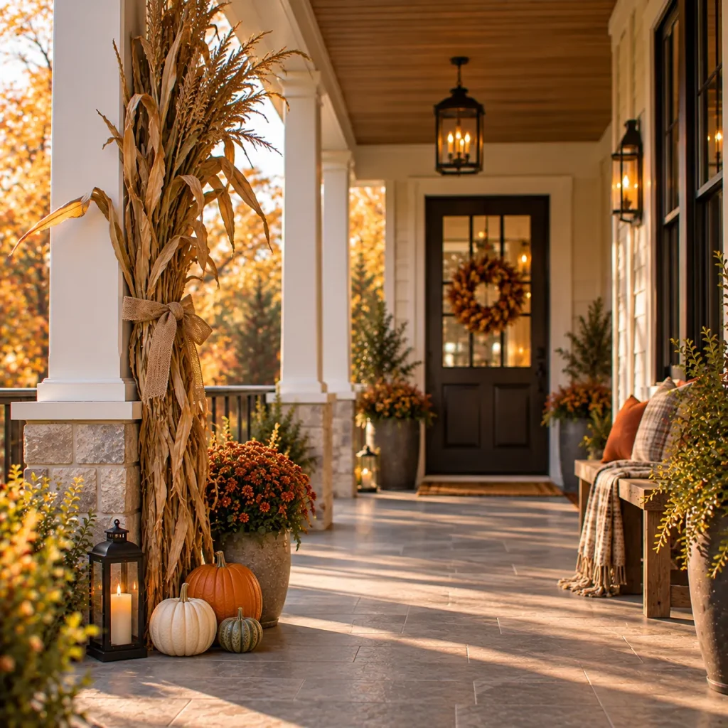 23 Long and Narrow Fall Front Porch Ideas That Use the Space Beautifully 17 Use a narrow corn-stalk bundle near one column