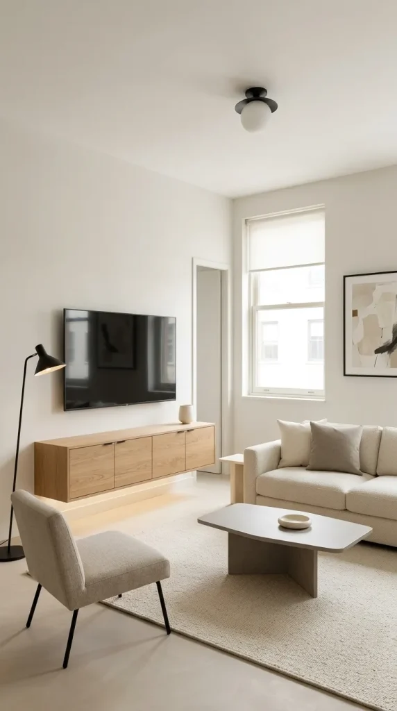 30 Living Room Ideas With Oak for Warm, Modern and Beautiful Spaces 20 Use an Oak Floating TV Unit in a Small Modern Living Room
