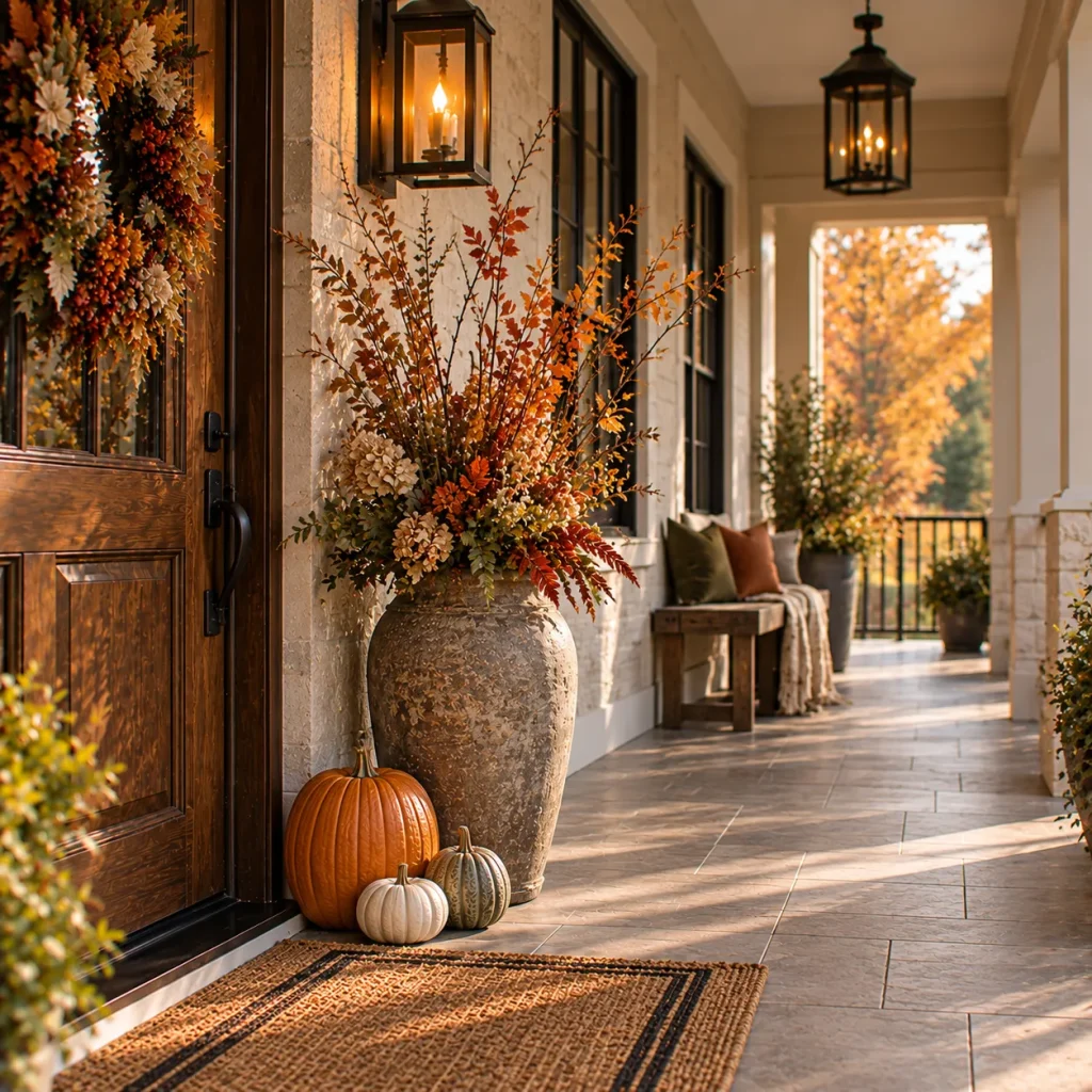 23 Long and Narrow Fall Front Porch Ideas That Use the Space Beautifully 15 Use branches in a tall urn