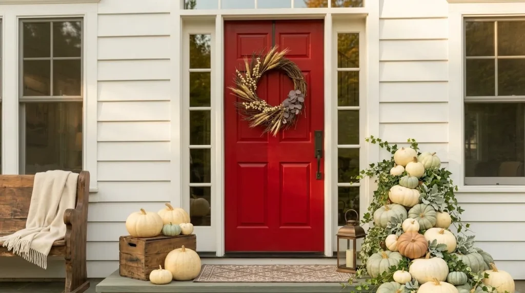 24 Fall Front Porch Ideas by Door and House Color 15 Use cream and green pumpkins around bright red