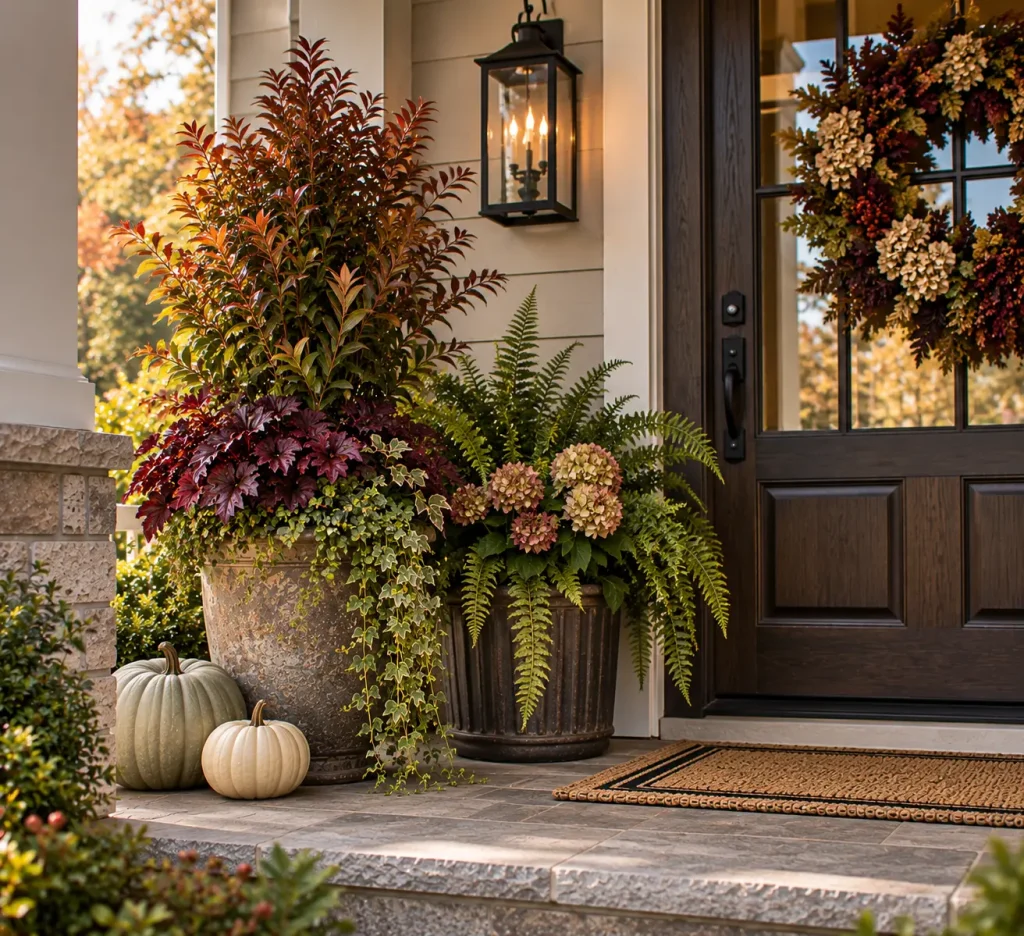 Use foliage-led pots instead of temporary pumpkin-heavy arrangements