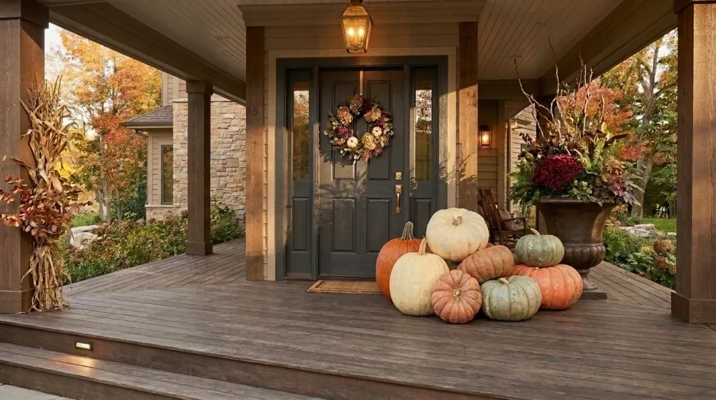 Use larger pumpkin groupings beside the door
