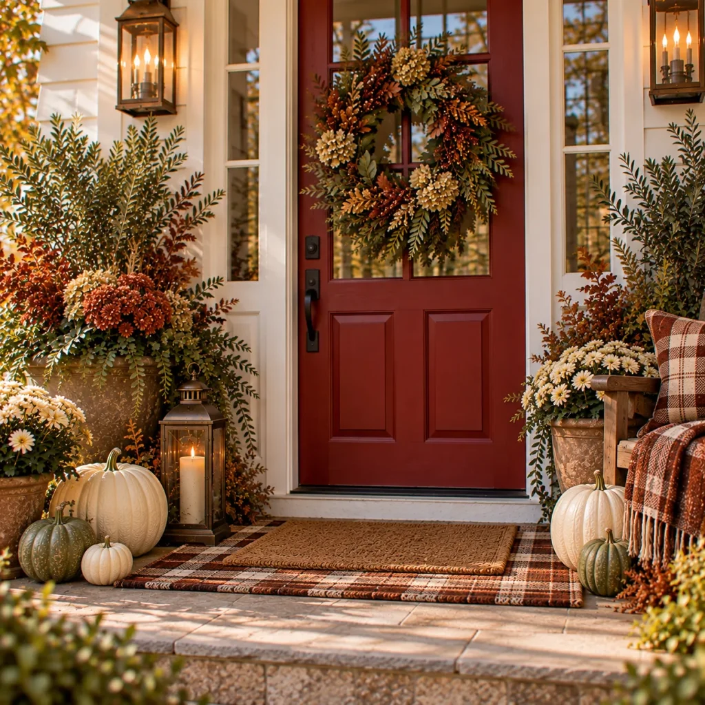 24 Fall Front Porch Ideas by Door and House Color 19 Use layered rugs to connect red with the rest of the porch