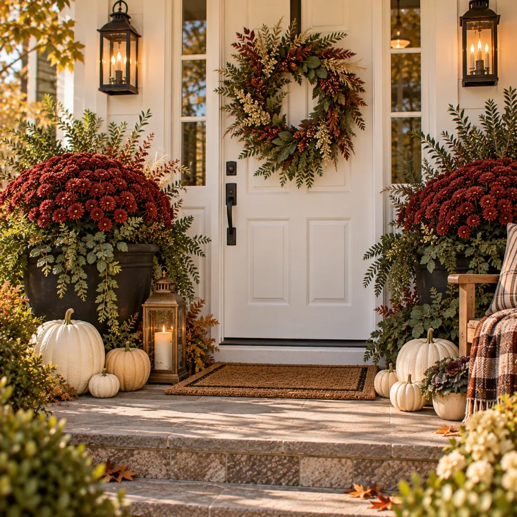 24 Fall Front Porch Ideas by Door and House Color 22 Use mums as the main block of color