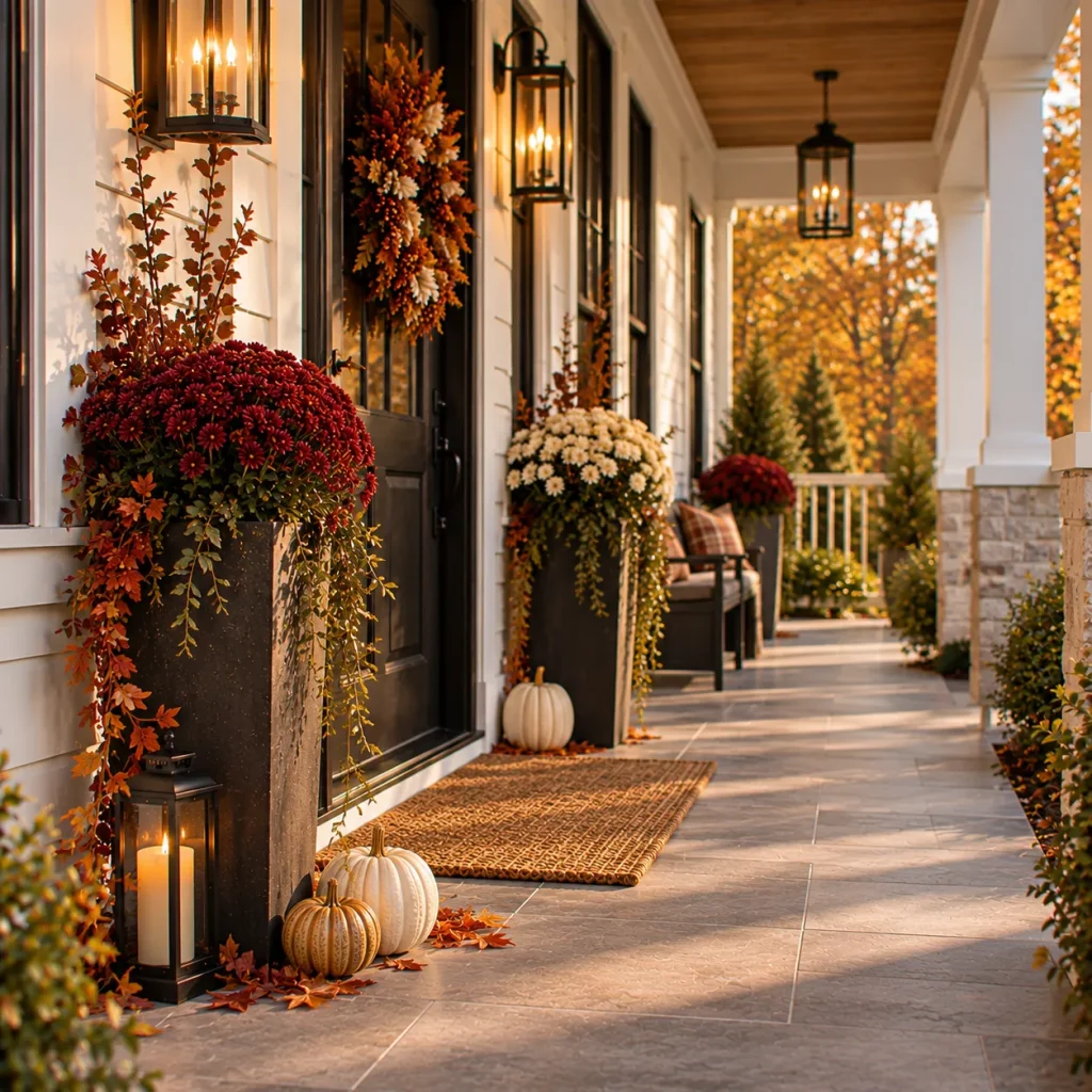 23 Long and Narrow Fall Front Porch Ideas That Use the Space Beautifully 21 Use mums in tall containers