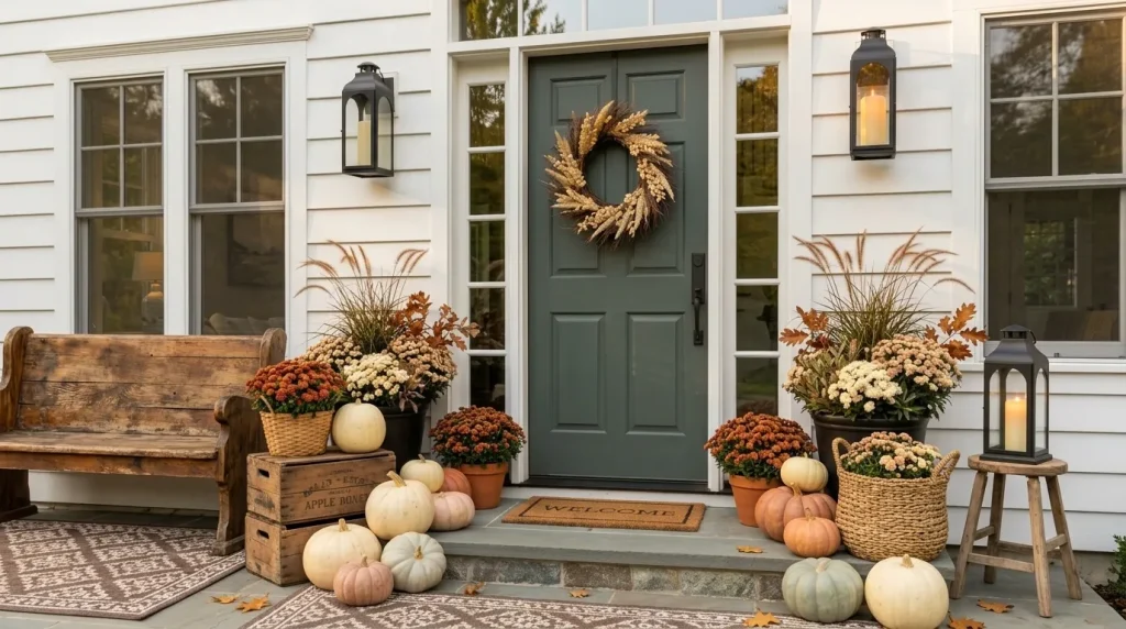 24 Fall Front Porch Ideas by Door and House Color 6 Use natural wood to warm up a cool white exterior