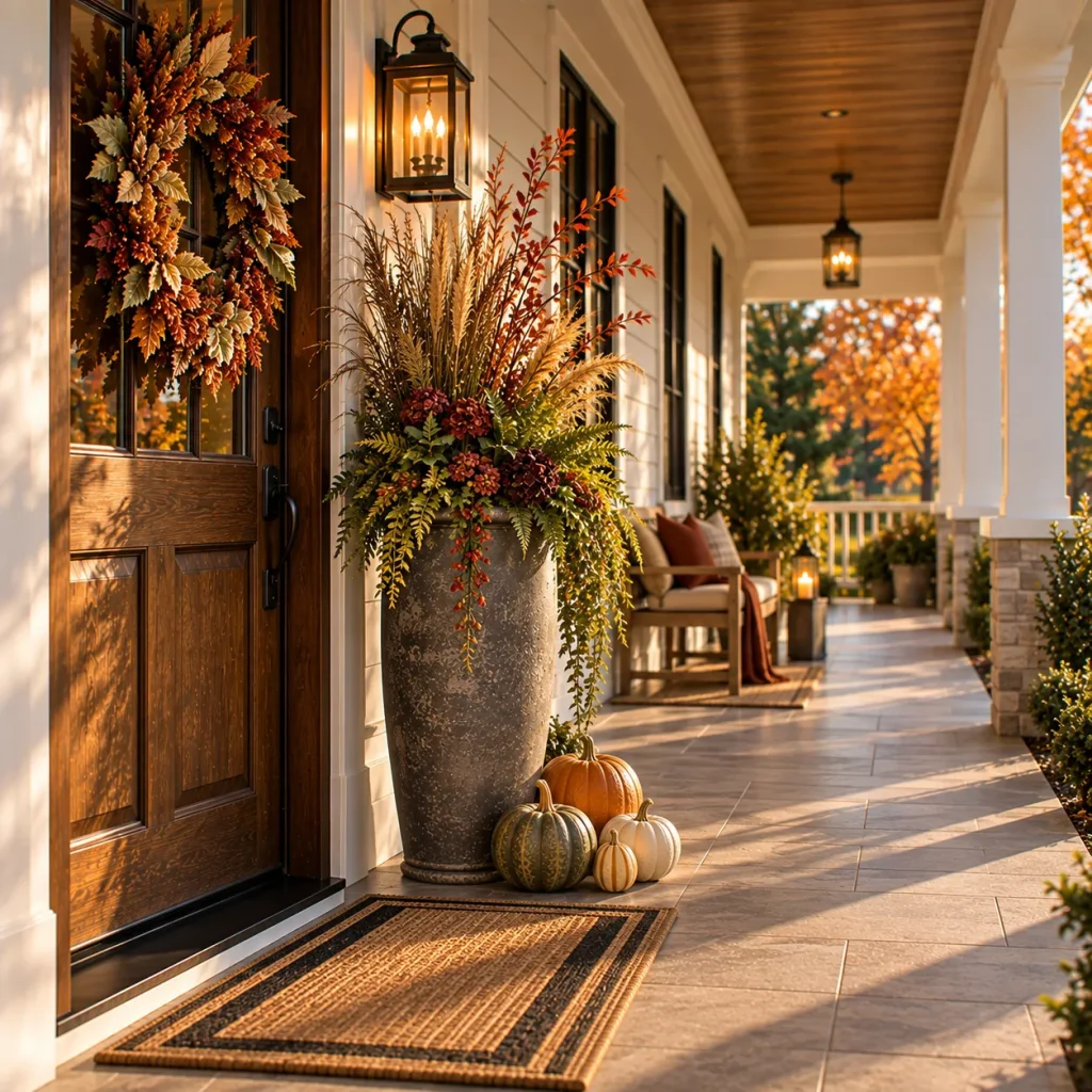 23 Long and Narrow Fall Front Porch Ideas That Use the Space Beautifully 6 Use one tall planter instead of several flower pots
