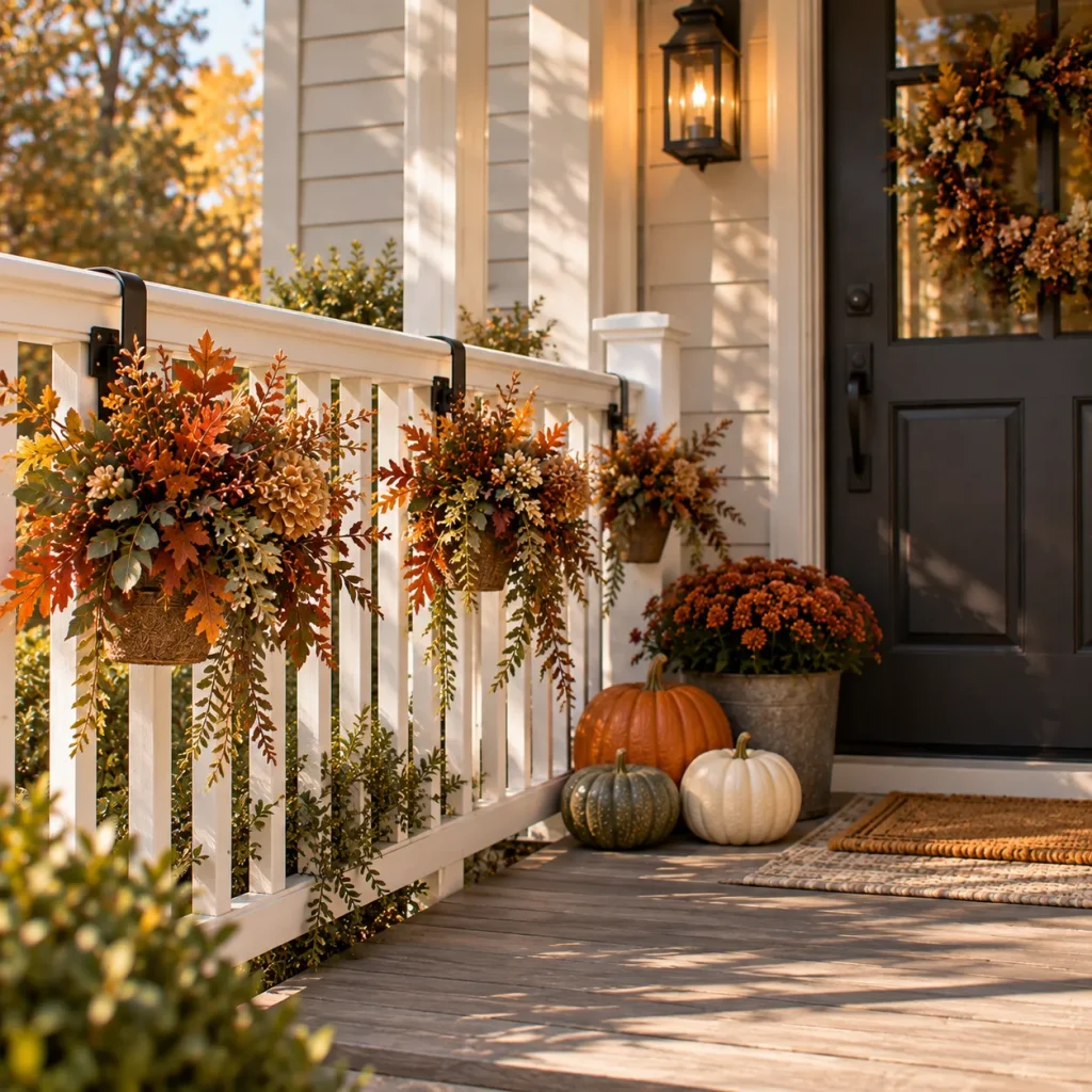 22 Fall Front Porch Steps, Railing and Uncovered Porch Ideas 12 Use outdoor-rated removable hooks on compatible surfaces