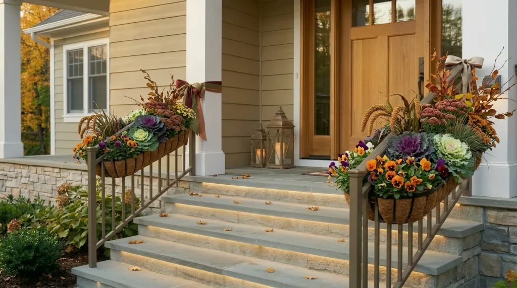 22 Fall Front Porch Steps, Railing and Uncovered Porch Ideas 14 Use railing planters for fall foliage