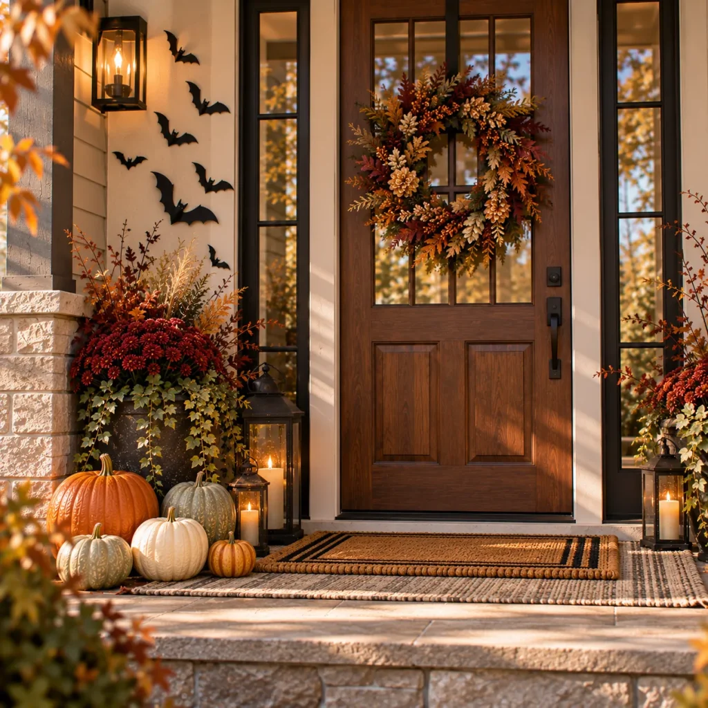 24 Fall Front Porch Ideas That Work for Halloween and Thanksgiving 8 Use removable bats around the front door
