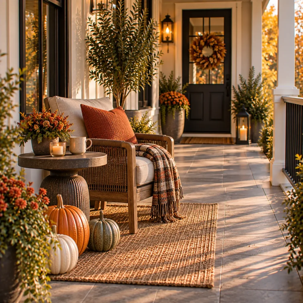 23 Long and Narrow Fall Front Porch Ideas That Use the Space Beautifully 14 Use round side tables instead of square bulky ones