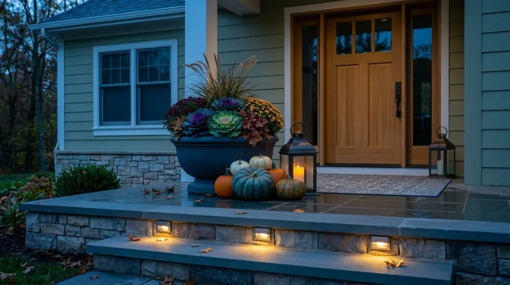 22 Fall Front Porch Steps, Railing and Uncovered Porch Ideas 23 Use solar or battery lighting instead of extension cords across the porch
