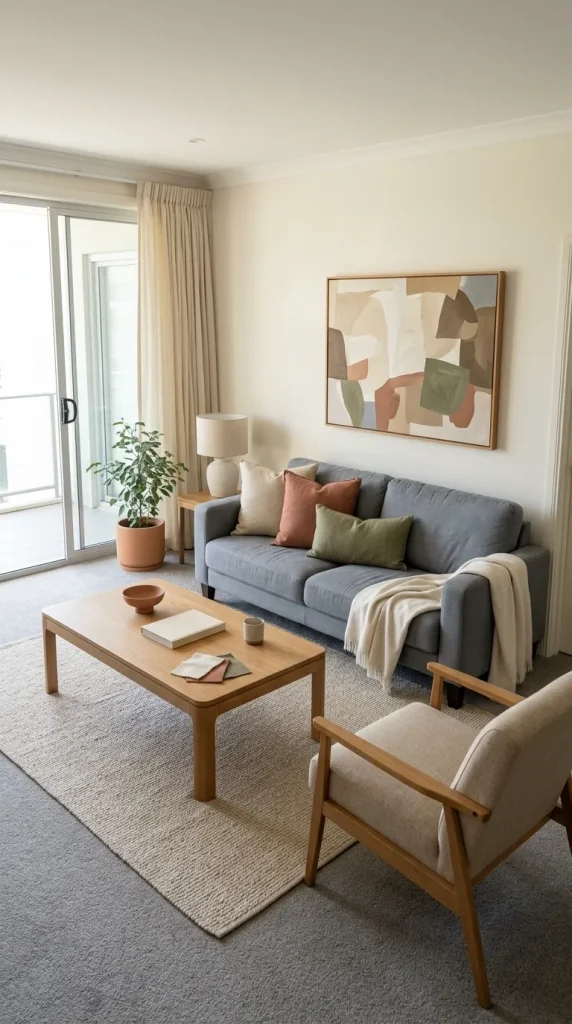 Warm Up a Grey Living Room With Wood and Earthy Accents