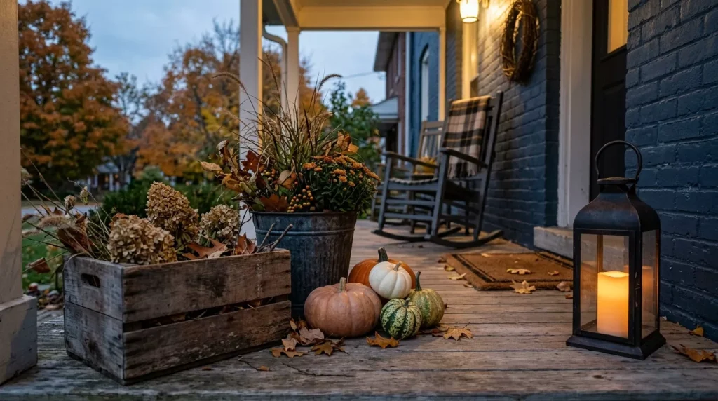 24 Fall Front Porch Decor Ideas With Crates and Galvanized Buckets 19 add-one-black-lantern-as-the-finishing-material