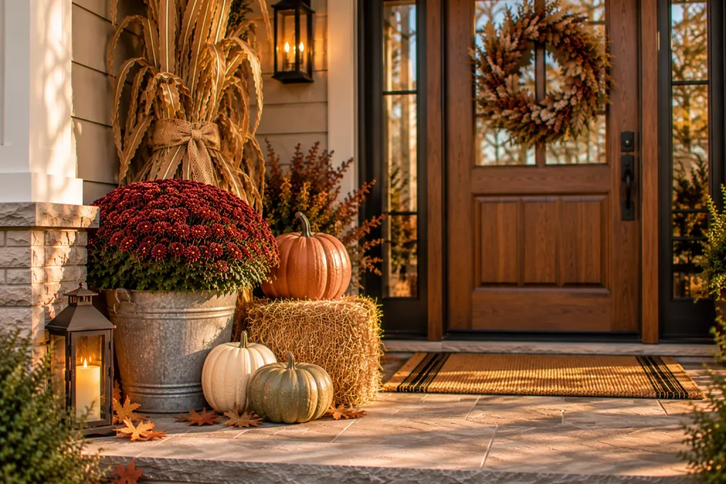 24 Fall Front Porch Ideas With Hay Bales and Corn Stalks for a Cozy Harvest Look 18 add-one-galvanized-bucket