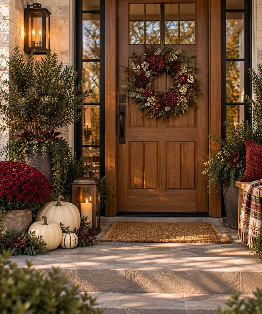 24 Elegant Fall Front Porch Ideas for a Polished, Glam Autumn Entrance 2 build-the-porch-around-oxblood-cream-and-dark-green-6a9f0f7e773f1