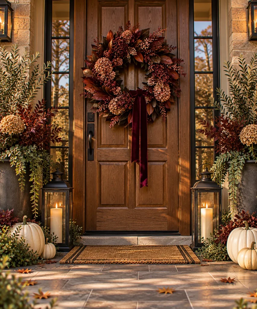 24 Elegant Fall Front Porch Ideas for a Polished, Glam Autumn Entrance 17 choose-a-wreath-with-one-strong-material-story-6a9f0e8c64b1d