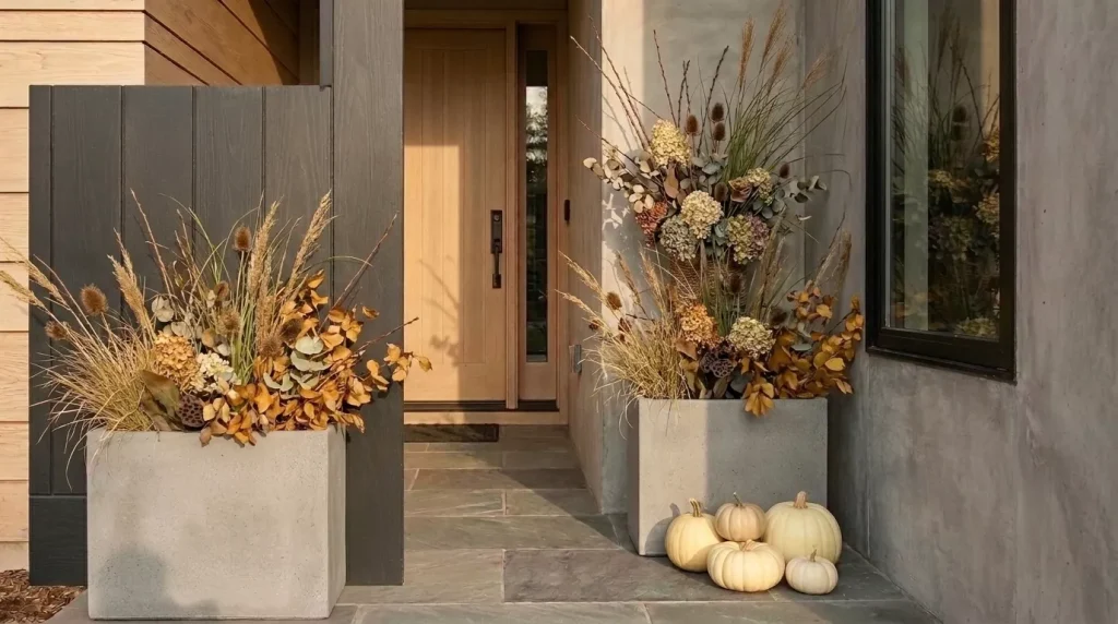 23 Modern Minimalist Fall Front Porch Ideas for a Clean, Warm Entrance 11 choose-one-pair-of-clean-lined-planters
