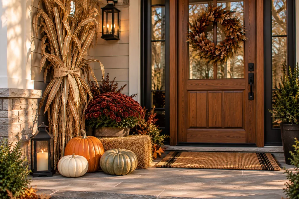 24 Fall Front Porch Ideas With Hay Bales and Corn Stalks for a Cozy Harvest Look 16 combine-mums-and-corn-stalks-in-opposite-proportions