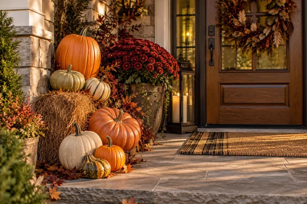 24 Fall Front Porch Ideas With Hay Bales and Corn Stalks for a Cozy Harvest Look 10 create-a-pumpkin-cascade-down-one-bale