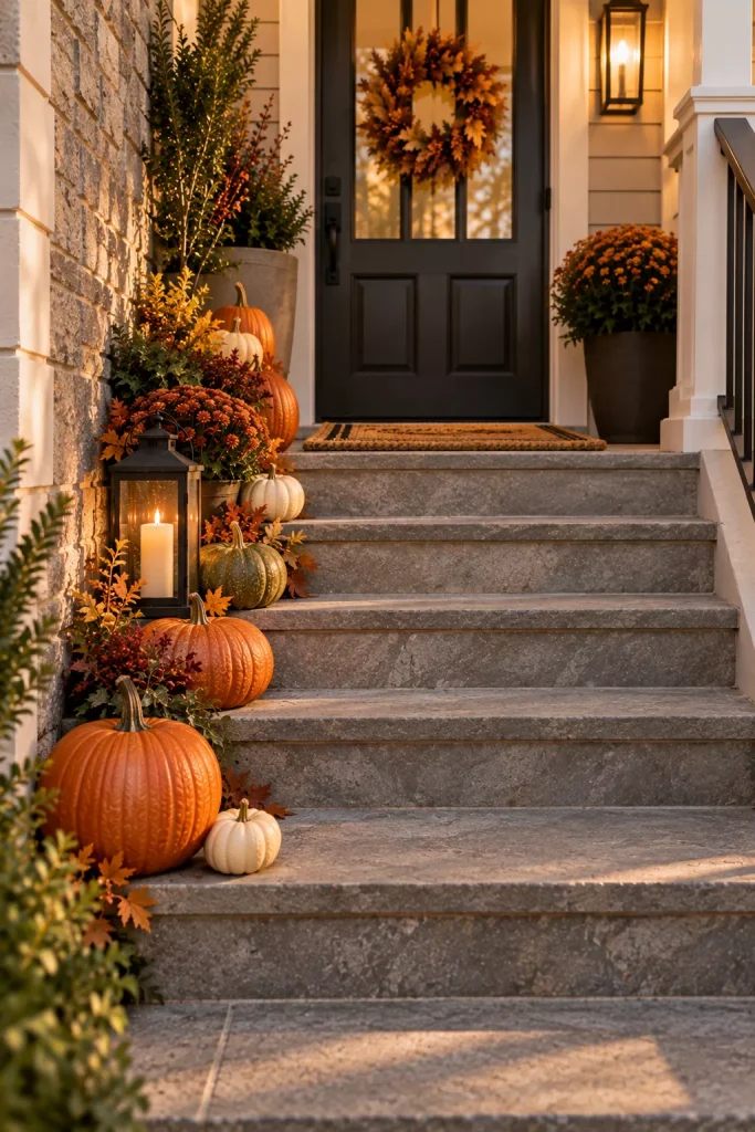 22 Fall Front Porch Ideas on a Budget That Look Cozy, Creative, and Expensive 20 create-one-sided-pumpkin-steps