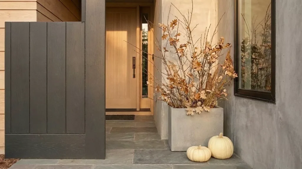 23 Modern Minimalist Fall Front Porch Ideas for a Clean, Warm Entrance 12 fill-planters-with-branches-instead-of-flowers