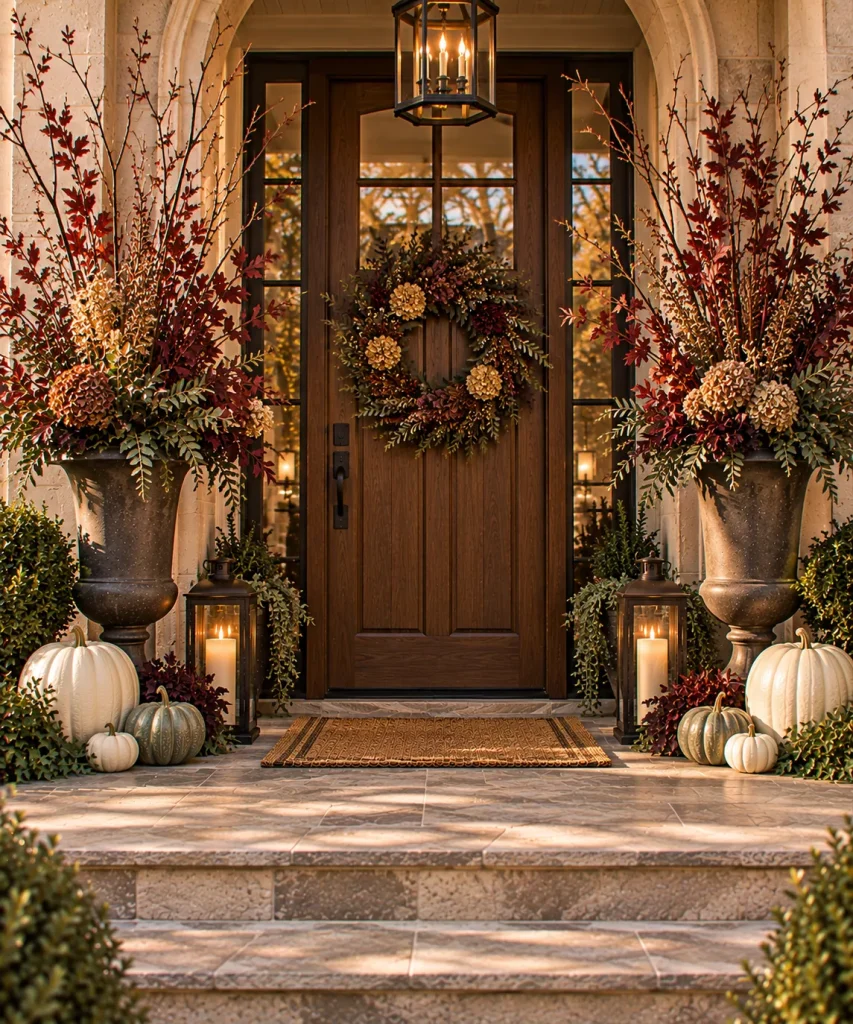 24 Elegant Fall Front Porch Ideas for a Polished, Glam Autumn Entrance 11 fill-tall-urns-with-sculptural-branches-6a9f0eef3f66c